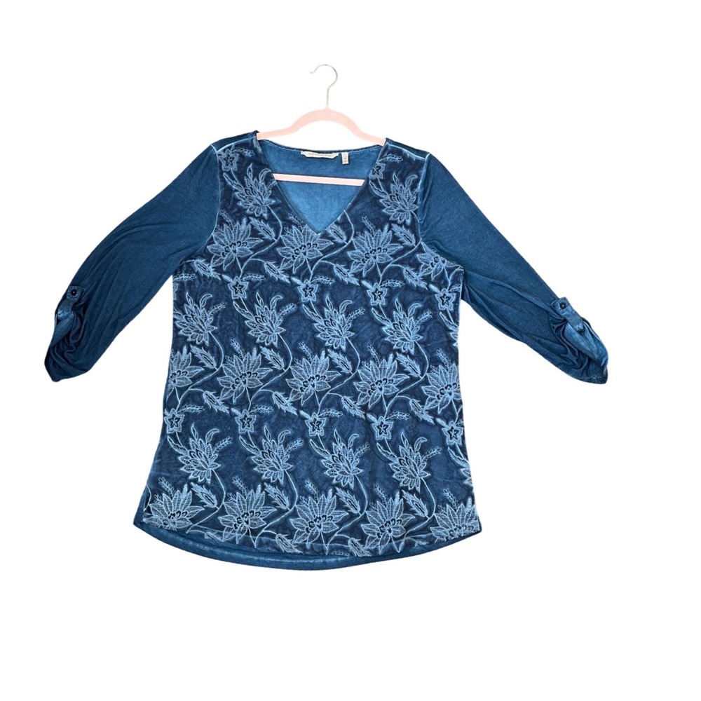 Soft Surroundings Blue Velvet Floral Embroidered Roll Tab V-Neck Top Medium